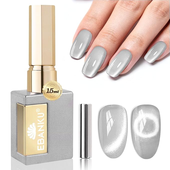 EBANKU Cat Eye Gel Polish with Magnet 15ML 0.5 OZ Holographic Glitter Shimmer Translucent Jelly Color Magnetic Polish Salon DIY at Home (Silver)