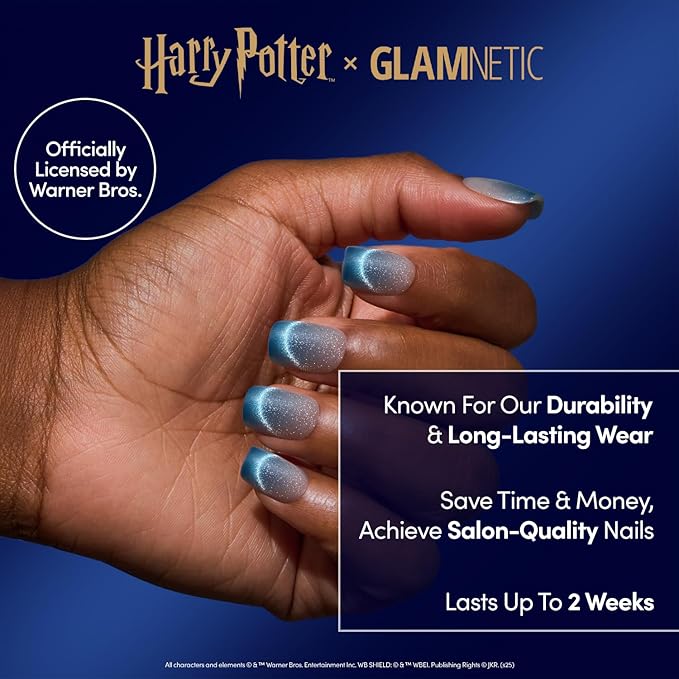 Glamnetic Press On Nails x Harry Potter™ - Lumos | Short Squoval Fake Nails with Velvet Blue Magnetic Gradient Tips, Salon Quality Officially Licensed | 15 Sizes - 30 Nail Kit with Glue
