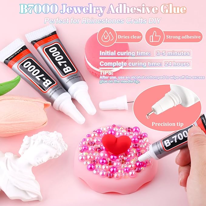 14000Pcs Flatback Pearls and Rhinestones for Crafting, Hot Pink Light Pink Mixed Size 3-8mm Resin Rhinestones and Half Pearls for Bedazzling, Nail Art and Decoration with 3pcs B7000 Jewelry Glue