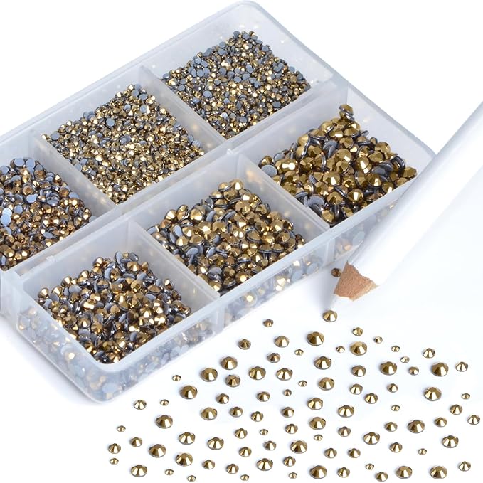 NCB Hotfix Iron on 8000pcs Crystal Rhinestones Round Gem for Crafts Decoration DIY Jewelry Making with a Picking Pen (Aurum, 6Sizes SS3-SS12)