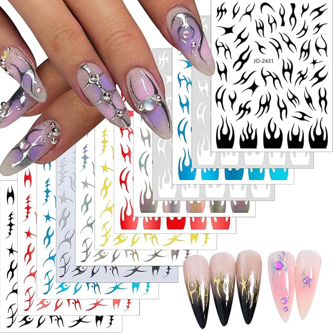 Irregular Geometric Line Nail Art Sticker Flame Pattern Nail Decals Holographic Gold Silver Black White Red Blue Nail Art Sticker Decals 3D Self-Adhesive Nail Sticker Design for Women DIY Manicure