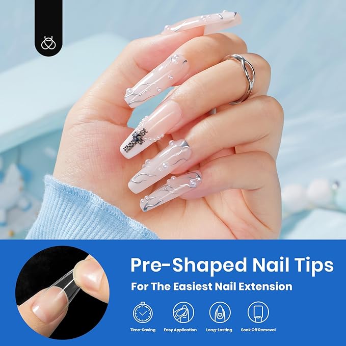 Beetles Acrylic Nails Kit 500Pcs Long Coffin Pre-Shaped Clear Full Cover Soft False Nails, Nail Tips Soak Off Easy Nail Extension Set for DIY Nails Art Home Gift for Women