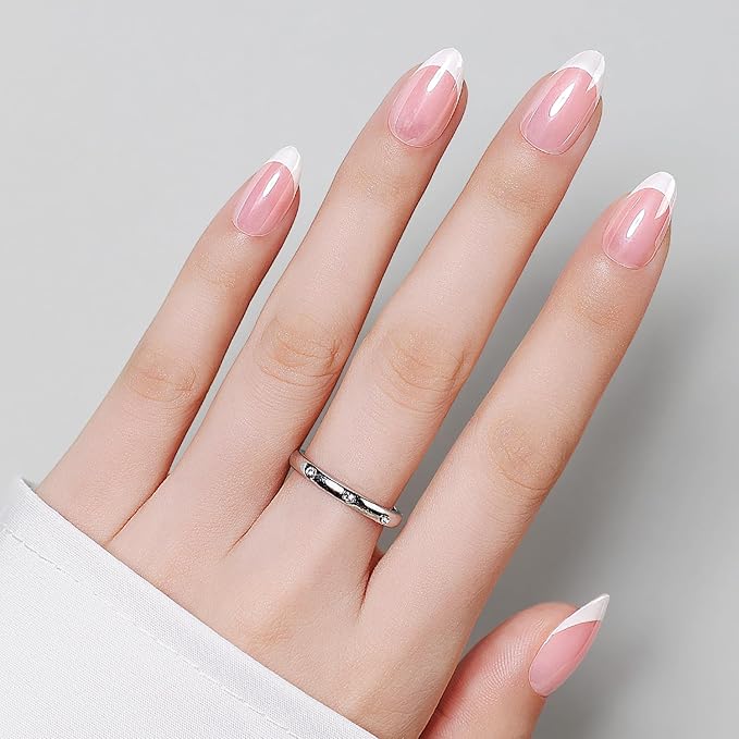 Luxbon Durable Short Almond Press On False Nails Acrylic with No-Cure Nail Glue and Tool Kit – French Manicure Soft Gel Tips 25-30pcs Full Size Set, Reusable Fake Nails for Women, Chrome White