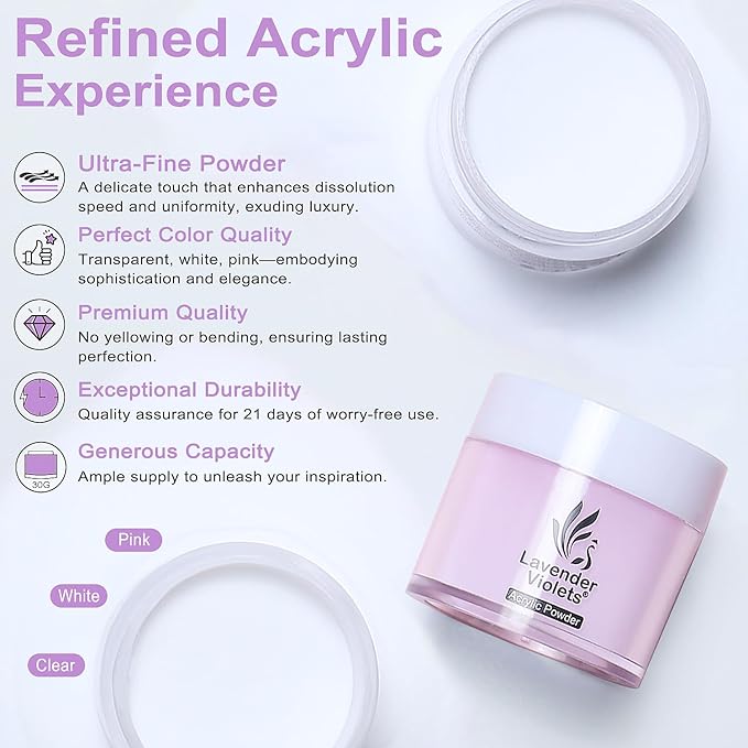 LAVENDER VIOLETS Acrylic Nail Kit - 30g x3 Clear, White, Pink Powder & 80ml Monomer Liquid Set with Carving Brush, Nail Forms, Foil Flakes N302