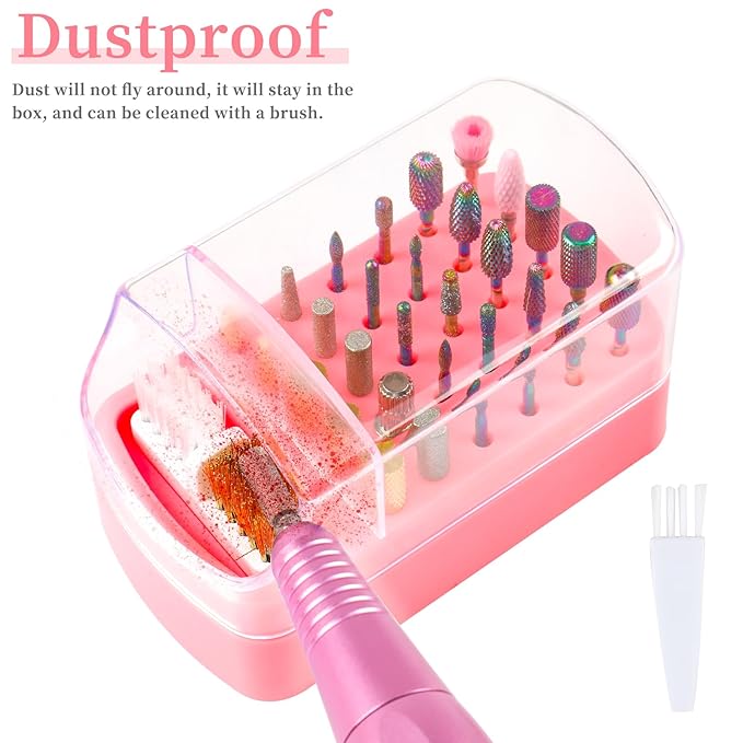 2 in 1 Nail Drill Bits Holder & Cleaning Brush Case, 30 Holes Dustproof Nail Art Drill Bits Stand Display Storage Box and Cleaner Manicure Tools (Pink)