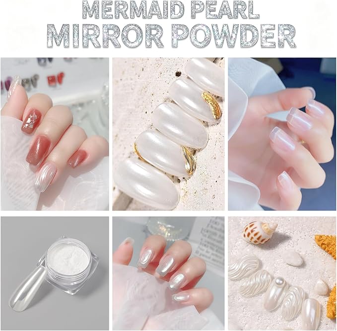 2 Jars White Pearl Chrome Nail Powder, Iridescent Aurora Chrome Powder Metallic Mirror Effect, Pearlescent Mermaid Dip Powder Nail Art Decoration,Chrome Powder for Nails, Resin Craft, 6g