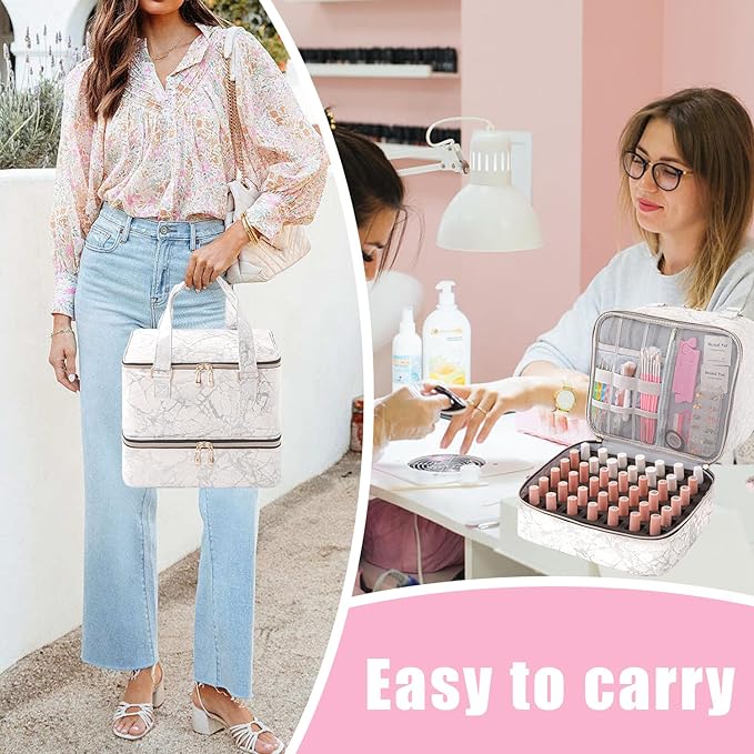 Nail Polish Organizer Bag Double Layers Nail Polish Storage Case Holds 42 Bottles & 1 Nail Lamp Gel Carrying Case Bag Manicure Supplies Organizers (Marbling)