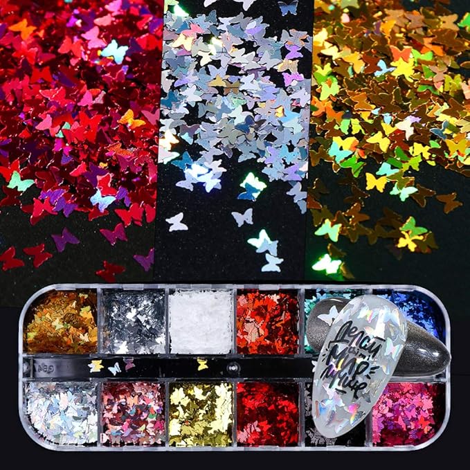 Butterfly Nail Glitter for Nail Art 24 Colors Splarkly Nail Decals Nail Sequins Flake Acrylic Manicure Paillettes Ultrathin Face Body Glitters for Nail Art Decoration Dutterflies for Nails (Butterfly)