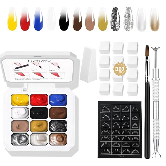 Ombre Gel Nail POLISH Set Nails Gradient Design 12 Colors With 100Pcs Nail Sponges & Grabbing Pen High Color Rendering And Quick Drying Ombre Nails Polish Art Paiting Supplies (c6)