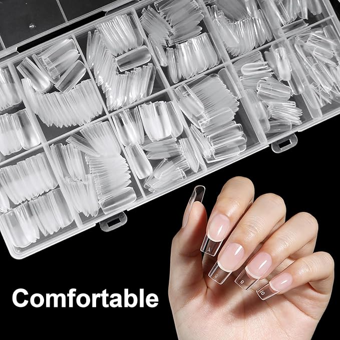 BlueZOO Medium Square Gel Nail Tips 600Pcs 12 Sizes Kit, Tapered Pre-etching Square Press On Nails for Extension Manicure Easy DIY Art Home Salon Supplies Full Cover Half Matte Acrylic Nails Tip Women