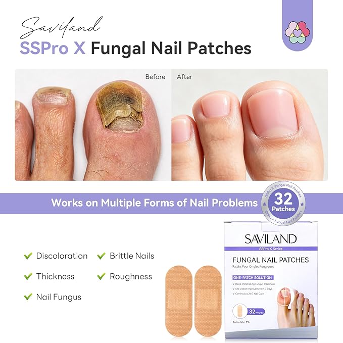 SAVILAND Extra Strength Fungal Nail Patches: 32 Patch 8H Overnight Repair 1% Tolnaftate Toenail Treatment Nighttime Nail Renewal Restores Damaged Nails Discolored Thick Yellow Healthy Appearance