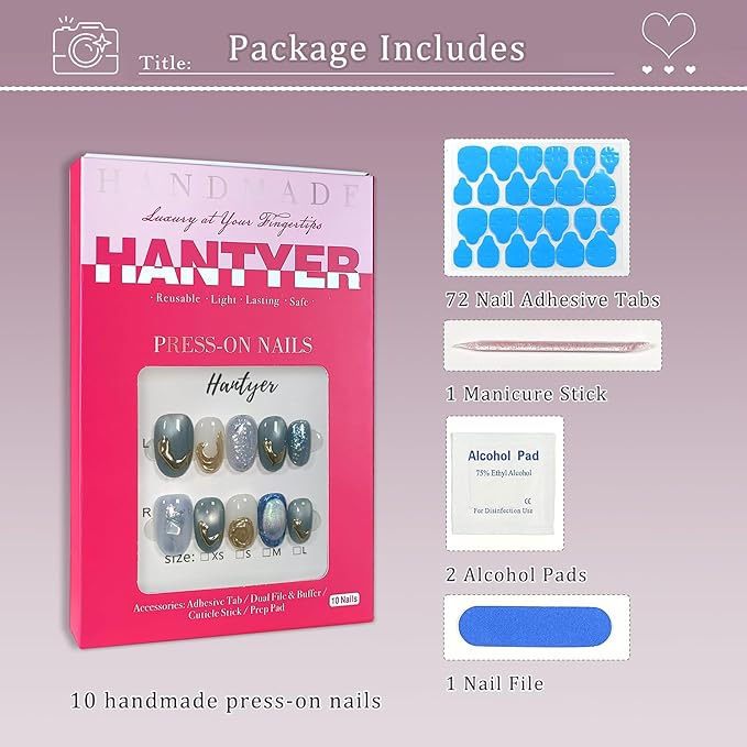 Blue 3D Cat Eye Press on Nails with Handmade Gold Lines, Short Oval Glossy Minimalist Fake Nails, Reusable Elegant False Nails for Women Fall Winter Season Office Daily Wear Full Set, Size S