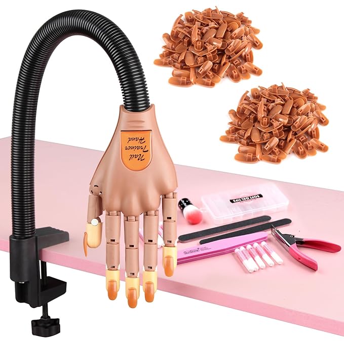 Acrylic Nails Practice Hand Kit, BORNBYME Nail Training Adjustable Finger Kits with 200 PCS Nail Tips, Nail File, Nail Brush and Nail Clipper