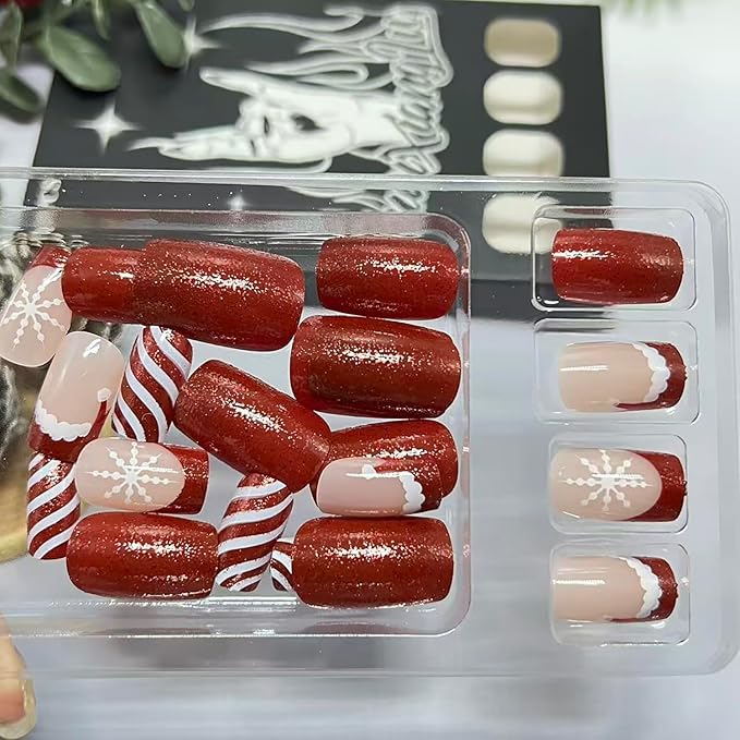 Christmas Press on Nails Medium Square Fake Nails with Snowflake Christmas Hat Designs Xmas Red Glitter French Tip False Nail Winter Stick on Nail for Women 24 Pcs