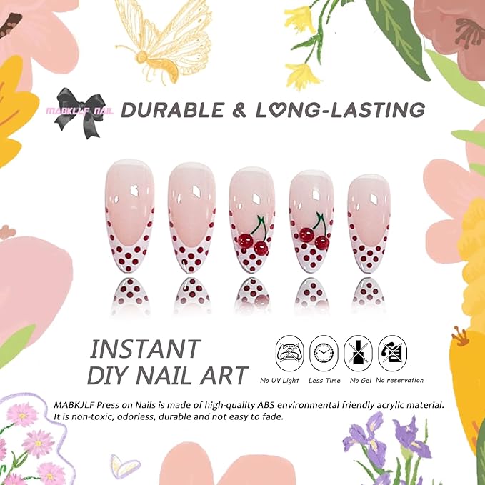 White French Tip Press on Nails Medium Almond MABKJLF Fake Nails False Nails with Red Polka Dots Cherry Designs Glossy Glue on Nail Full Cover Acrylic Nails for Women Girls 24Pcs