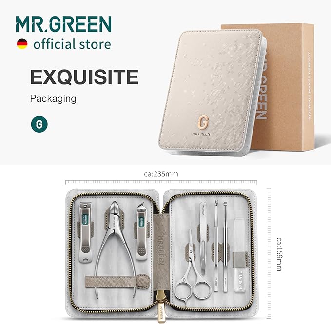 MR.GREEN Fashion Imprint Manicure Sets Professional Nail Clipper Set Personal Care Tool Kits Nial Cutter Gift With Leather Case (Beige(8Pcs Set))