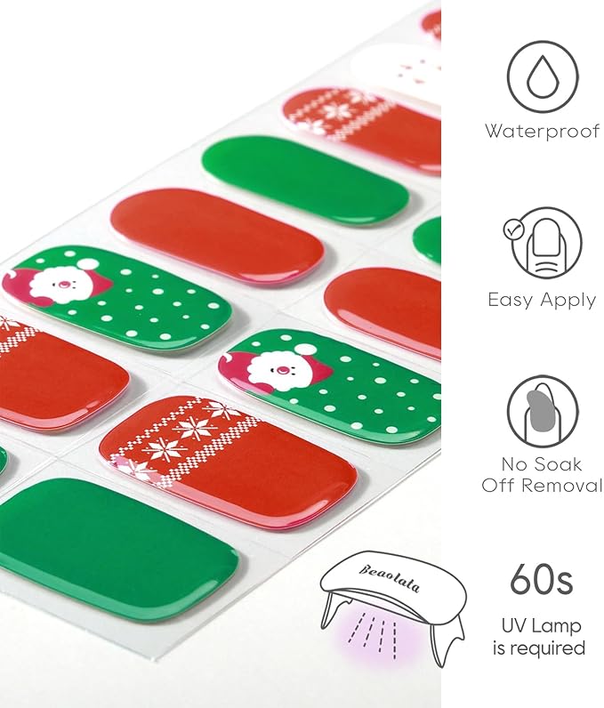 Semi Cured Gel Nail Strips - UV Light Gel Nail Stickers - 20 Long Lasting Salon Quality Wraps (Blissful Christmas Fawn Red&Green)