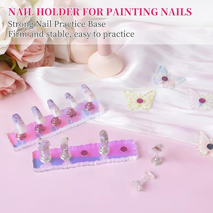 ANGNYA 2 Set Nail Stand, Aurora Nail Holder for Painting Nail Stand for Press on with Reusable Sticky Putty Nail Display Stand Nail Hand Practice Magnetic Nail Art Tools for Homes and Salons