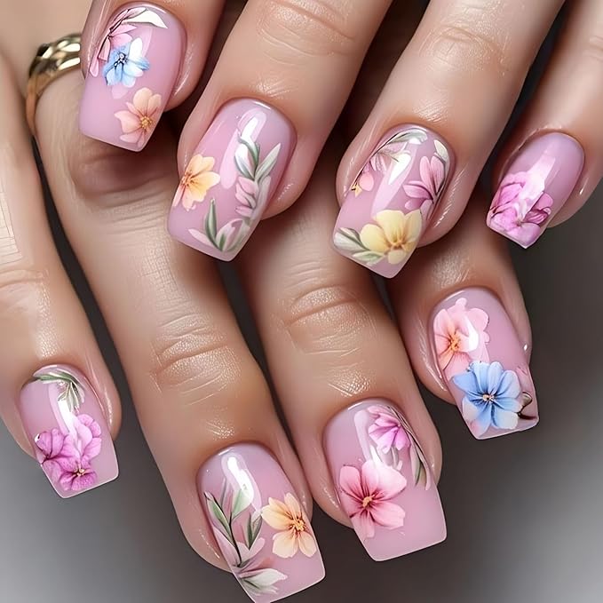 Flower Press on Nails Medium Square Fake Nails with Colorful Floral Leaf Designs Pink False Nail Spring Summer Stick on Nail for Women 24Pcs