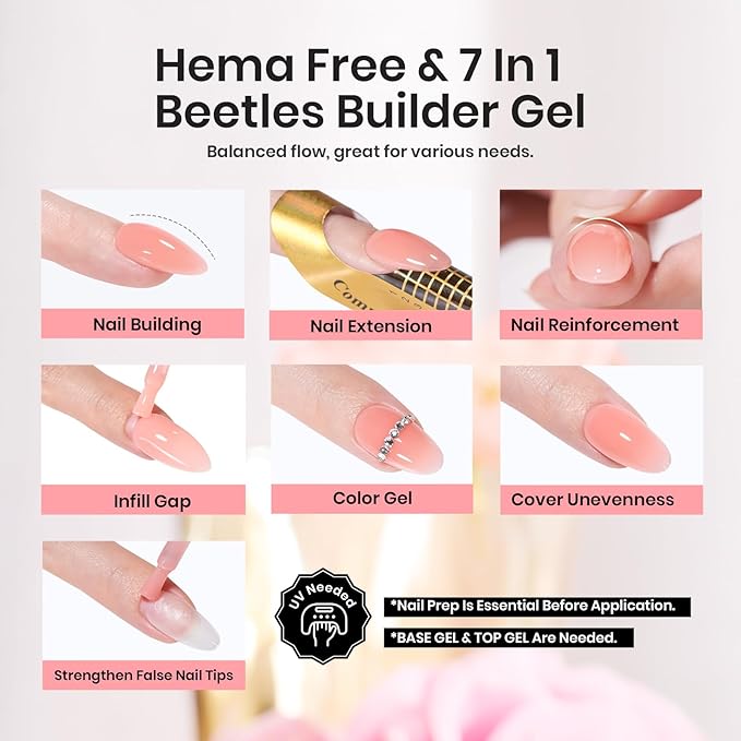 Beetles Builder Gel for Nails HEMA-Free,Pristine Grace Nude Pink 7 in 1 Strengthening Apex Building Nail Extension for Beginners DIY Salon at Home,Nude Builder Nail Gel,UV & LED Lamp Needed