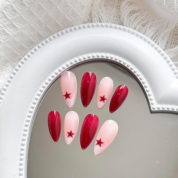 Y2K Press on Nails Medium Almond MABKJLF French Tip Fake Nails Wine Red Full Cover Red Star False Nails with Designs Glossy Glue on Nails Acrylic Nails Manicure Artificial Nails for Women Girls 24Pcs