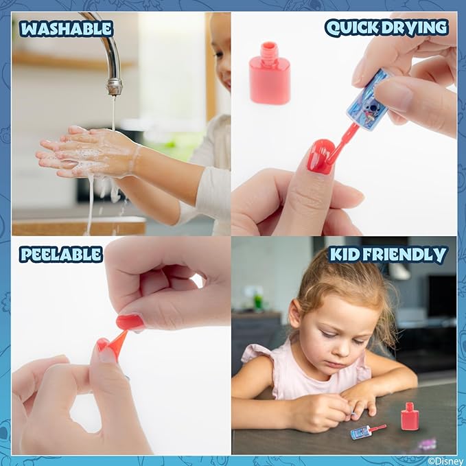 Disney Stitch 15 Piece Water-Based Nail Art Activity Makeup Set, Includes Nail Polish, Nail Brush and Nail Files, For Parties, Sleepovers and Makeovers, Ages 6+, by Townley Girl