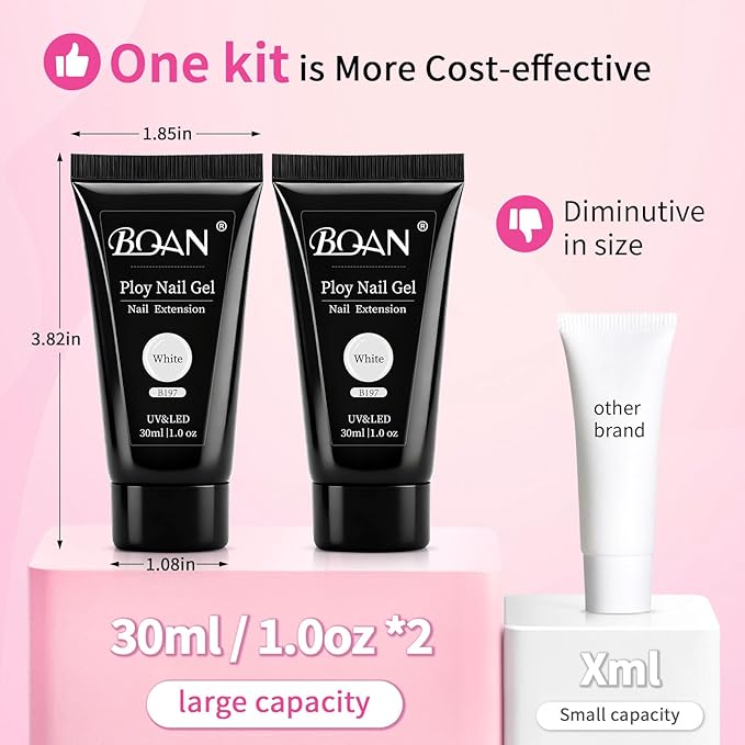 BQAN Poly Nail Gel, 2 Pcs White Poly Extension Gel (30ml) with Slip Solution & Brush, for Long-Lasting Nail Extensions | Builder | Salon-Quality DIY & Home Use (White)