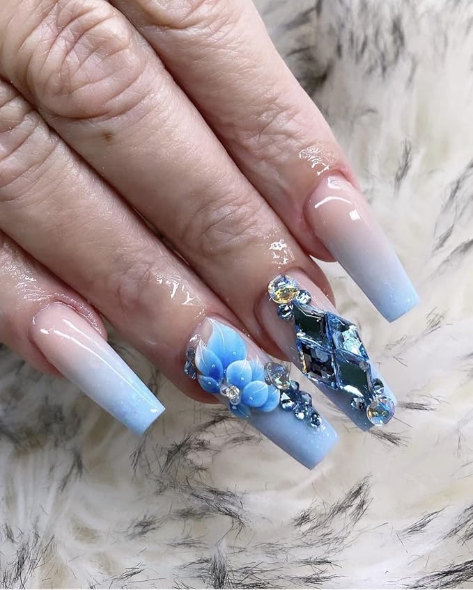3D Acrylic Flower Nail Art Charms Handmade by Acrylic Powder - 15 colors, 24pcs Flowers Nail Rhinestones Kit 3D Crystal Nail Pearls Flat Design Acrylic Nail Art for Women Girls (BLue)