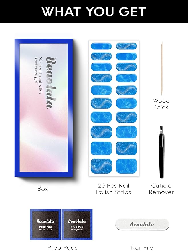 Semi Cured Gel Nail Strips - UV Light Gel Nail Stickers - 20 Long Lasting Salon Quality Wraps (Ocean Blue)