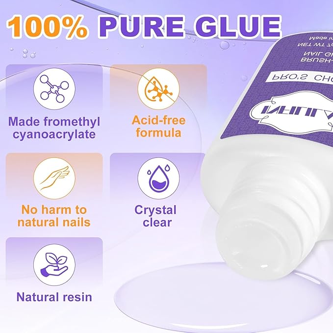 NXJ INFILILA Nail Glue, Professional Brush On Nail Glue, Nail Glue for Acylic Nails, Nail Glue for Press On Nails Fasle Nails Fake Nails Tips Glue Adhesive Long Lasting 7ML/0.23OZ
