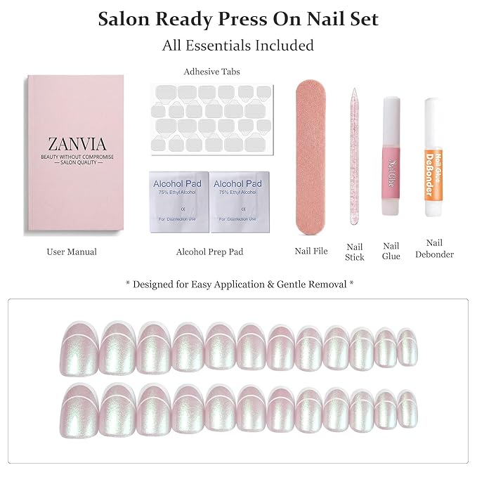 Short French Tip Press On Nails - Round Glitter Glamorous Shimmering Nails For Women, Ideal For Fashion Shoots, Holiday Looks, Or Special Ceremonies, 24 Nails in 12 Sizes