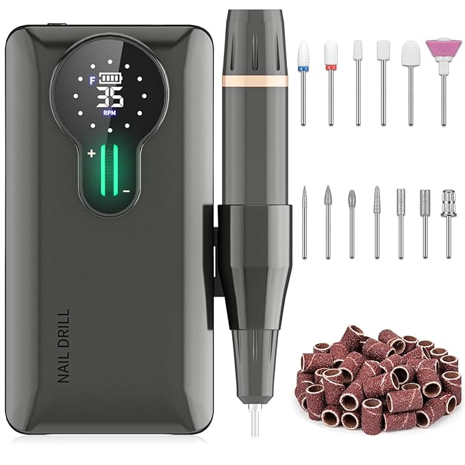 ENGERWALL Upgraded Professional Nail Drill 35000RPM, 20H Long Battery Life Rechargeable Electric Nail File for Acrylic Gel Nails, Cordless E-File Kit with 7 Bits & 56 Sanding Bands, Dark Silver (Pro)