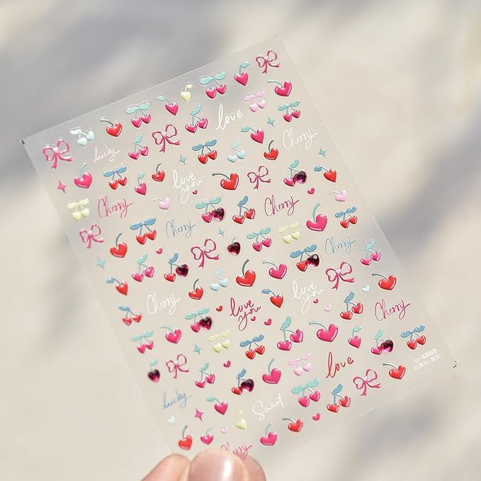 Cherry Nail Art Stickers Heart Nail Decals 5D Embossed with Diamond Design Self Adhesive Bow Nail Stickers Spring Summer Manicure Sticker Supply for Women Girls Kid Nails Decoration Accessories