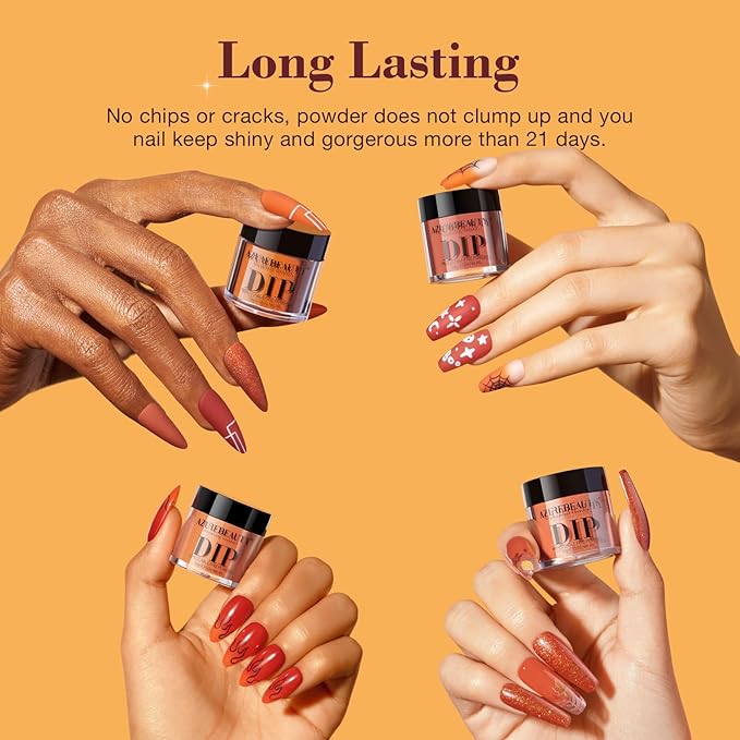 AZUREBEAUTY Dip Powder Nail Kit Starter, Orange Brown Glitter, 4 Fall Pumpkin Maple Dark Colors Set, French Halloween Nail Art Base Top Coat Activator Essential Liquid Manicure DIY Salon