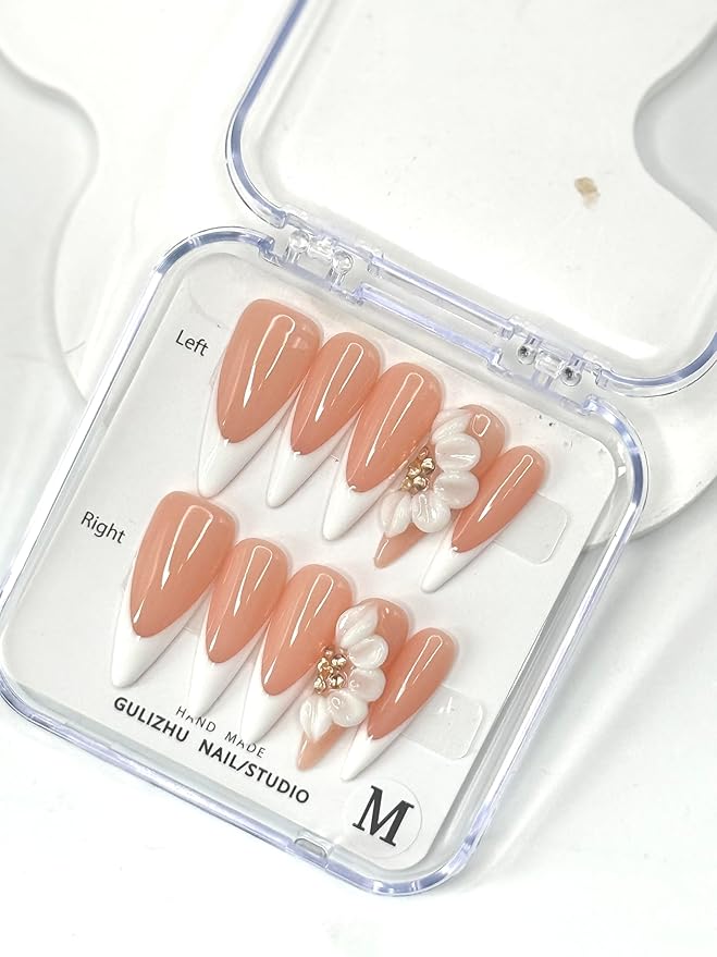 White French Press on Nails Long Stiletto False Nails with 3D Flower Designs Handmade Fake Nails Handmade Muti-Layer Gel Acrylic Full Cover Stick on Nails for Women（Size M)