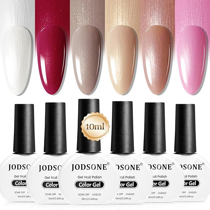 JODSONE 10ml Glitter Gel Nail Polish Set 6Colors Red Glitter Pink White Gel Polish All Seasons Neutral Soak off LED Lamp Manicure Set for Nail Art