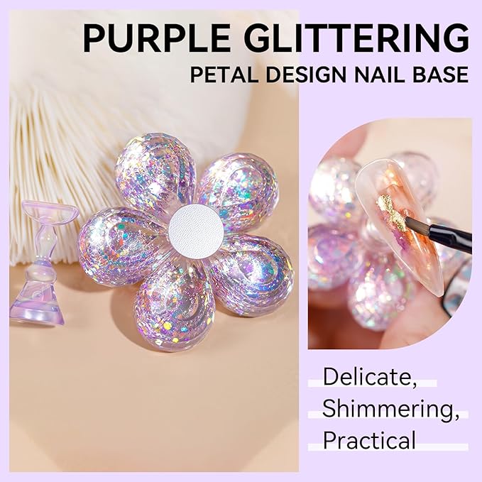Makartt Nail Stand: Nail Holder for Painting Nails DIY, Magnetic Press on Stand Pink and Purple for Art Display Practice, Purple Glitter Flower Fake Holder for Home Salon with Reusable Adhesive Putty