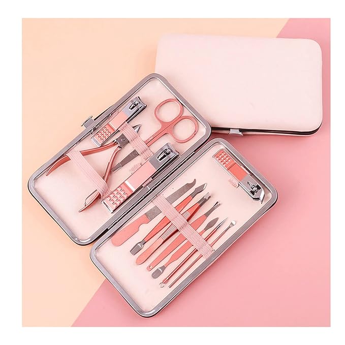 Pink Manicure Set Beauty Tool Portable 12 in 1 - Nail Clipper Pedicure Grooming Kit Stainless Steel Luxury Leather Travel Case, for Woman Girl Home Travel Gift Giving