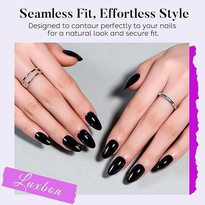 Luxbon Press On Nails with No-Cure Nail Glue and Tool Kit – Almond Acrylic Stick On Nails Soft Gel Tips 30-32pcs Full Size Set, Reusable Fake Nails for Women, Black