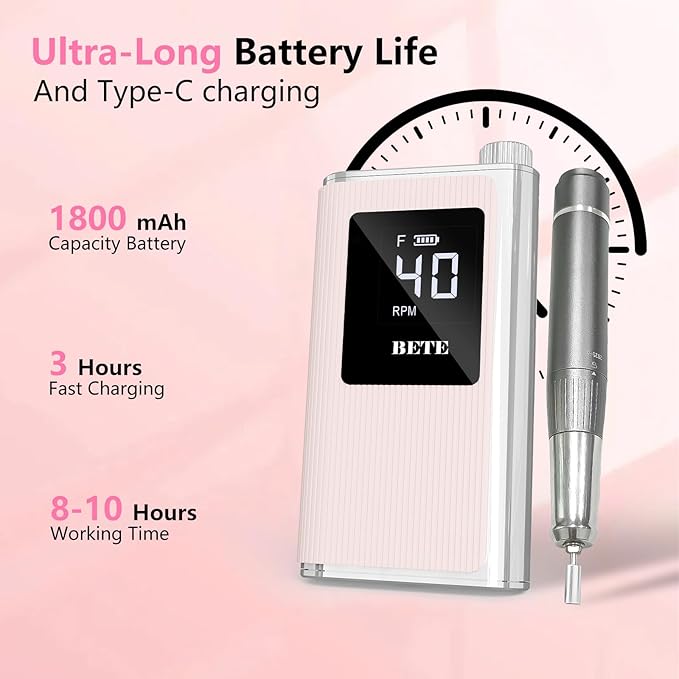 BETE Professional Nail Drill, 40000 RPM Cordless Electric Nail File Kit with 6 Bits, Rechargeable Efile for Acrylic Gel Nails Polishing, Manicure Tools for Salon Home Use, Pink
