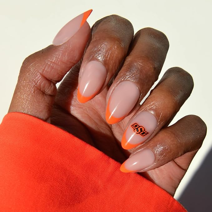 Glamnetic x Fanatics Press On Nails - Oklahoma State Cowboys | Short Almond Fake Nails, Collegiate Cowboys Orange French Tips, College Nails, Salon-Quality | 15 Sizes - 30 Nail Kit with Glue