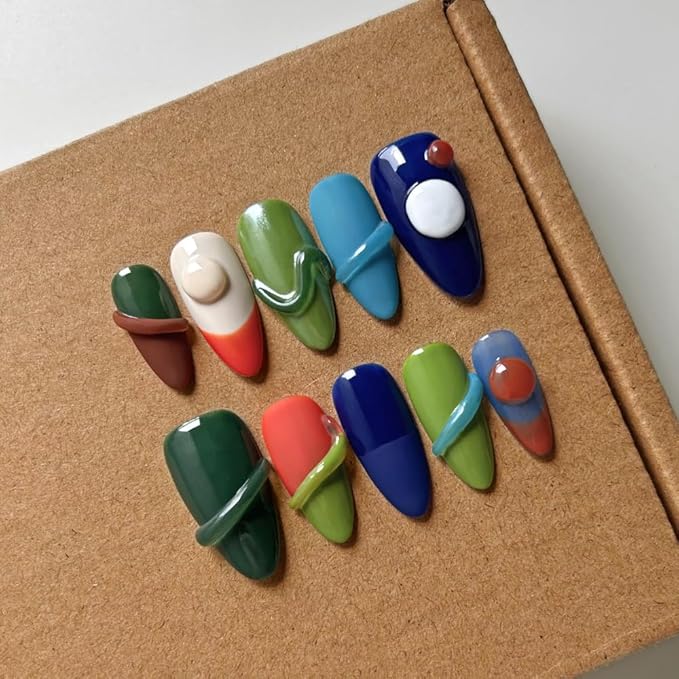 Women Press On Nails - 3D Almond Handmade 10Pcs Unique Fake Nails, Artistic Design, Thick Acrylic and Muti-Layer Gel False Nails (Size S)