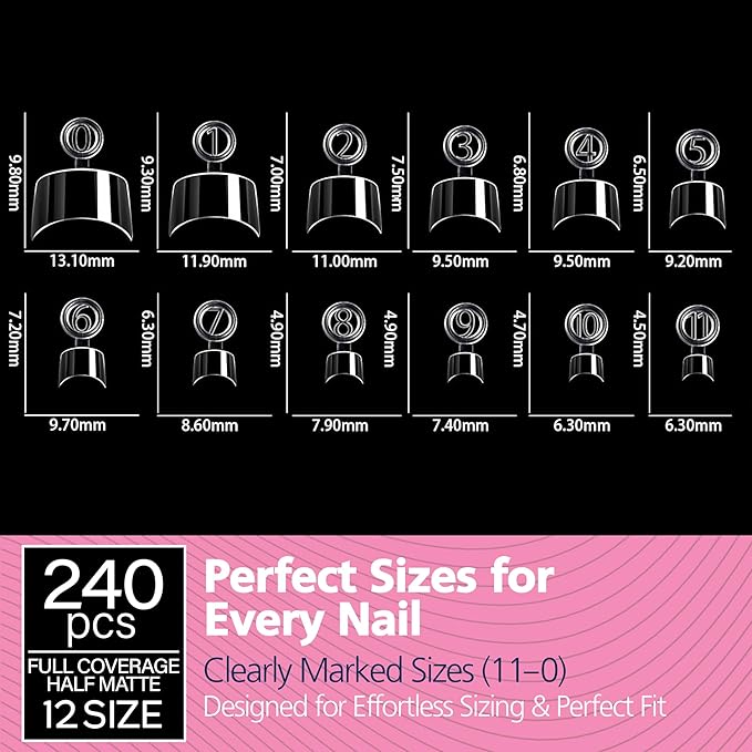 GELPARTY Soft Gel Half Cover Nail Tips - 240pcs Pre-Buffed Matte French Tips - No Filing Needed - Clear False Nails for Acrylic & Gel Extensions (12 Sizes)