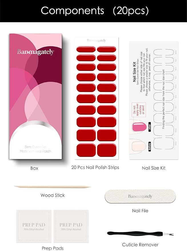 Semi Cured Gel Nail Strips, 20Pcs Long Lasting Salon Quality Wraps, Easy Apply & Remove Gel Nail Stickers with UV Light (Passionate Red)