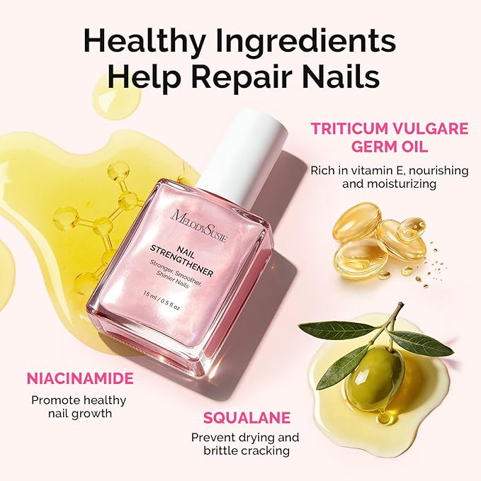 MelodySusie Nail Strengthener and Growth Treatment, 2-in-1 Ridge Filling Base Coat & Glossy Concealer Polish for Damaged Nail Repair and Healthy Shine,Gifts for Women 15ml 0.5 Fl Oz Sparkling Pink