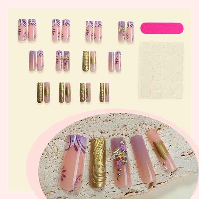 Long Square Press on Nails Fake Nails Artificial Nail Stick on Nail for Women Purple to Nude Ombre with 3D Gold Butterfly, Sun Charm, Sparkling Rhinestones