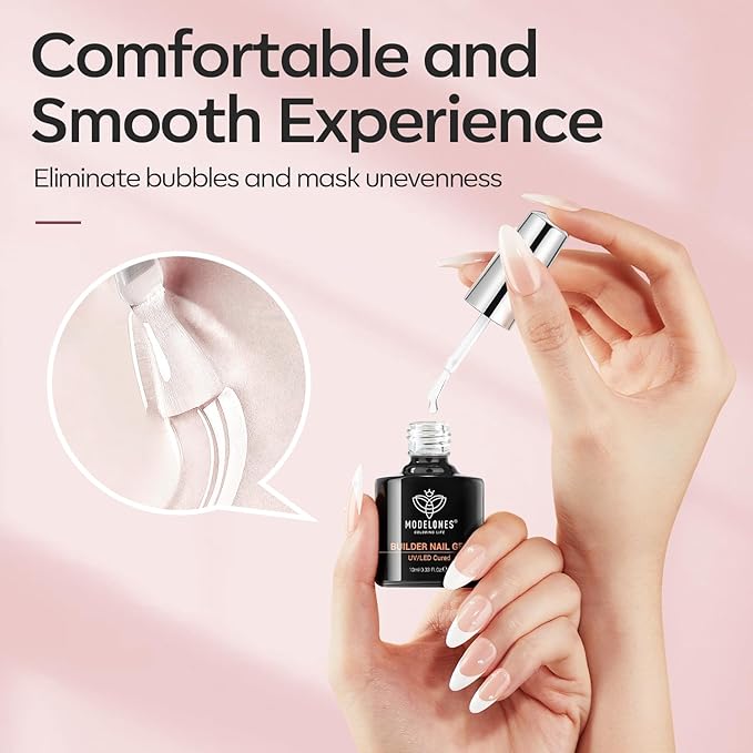 modelones Builder Nail Gel, 2 Pcs Clear and Cover Nude Builder Nail Polish, 8-in-One Apex Building Thickening Strengthener Extension Rubber Color Base Gel for DIY Home Salon Gifts LED Lamp Cured 10ml