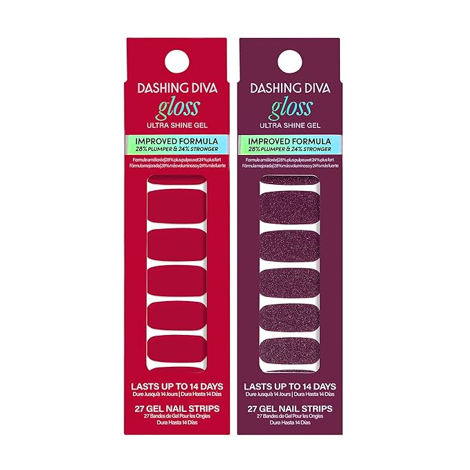 Dashing Diva Gloss Nail Strips Bundle - The Classic Reds Collection - Attention & Red Dahlia - UV Free, Chip Resistant, Long Lasting Gel Stickers - Contains 2 Sets