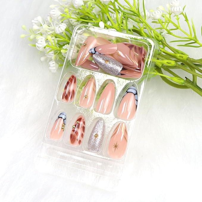 French Tips Press on Nails Almond Medium Fake Nails with Stripe 3D Gold Pearl Glitter Designs Brown Blue Acrylic Nail Glossy Nude Fall Winter Nails Press ons Cute Stick on Nail for Women 24 Pcs