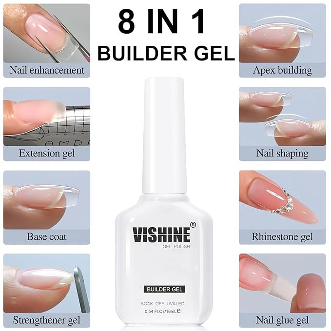 Vishine Builder Gel for Nails, 8-in-1 Clear Color Builder Nail Gel for Nail Apex and Extension Strengthener, Nail Thickening Hard Gel Base Rhinestone Nail Glue Base In A Bottle H021